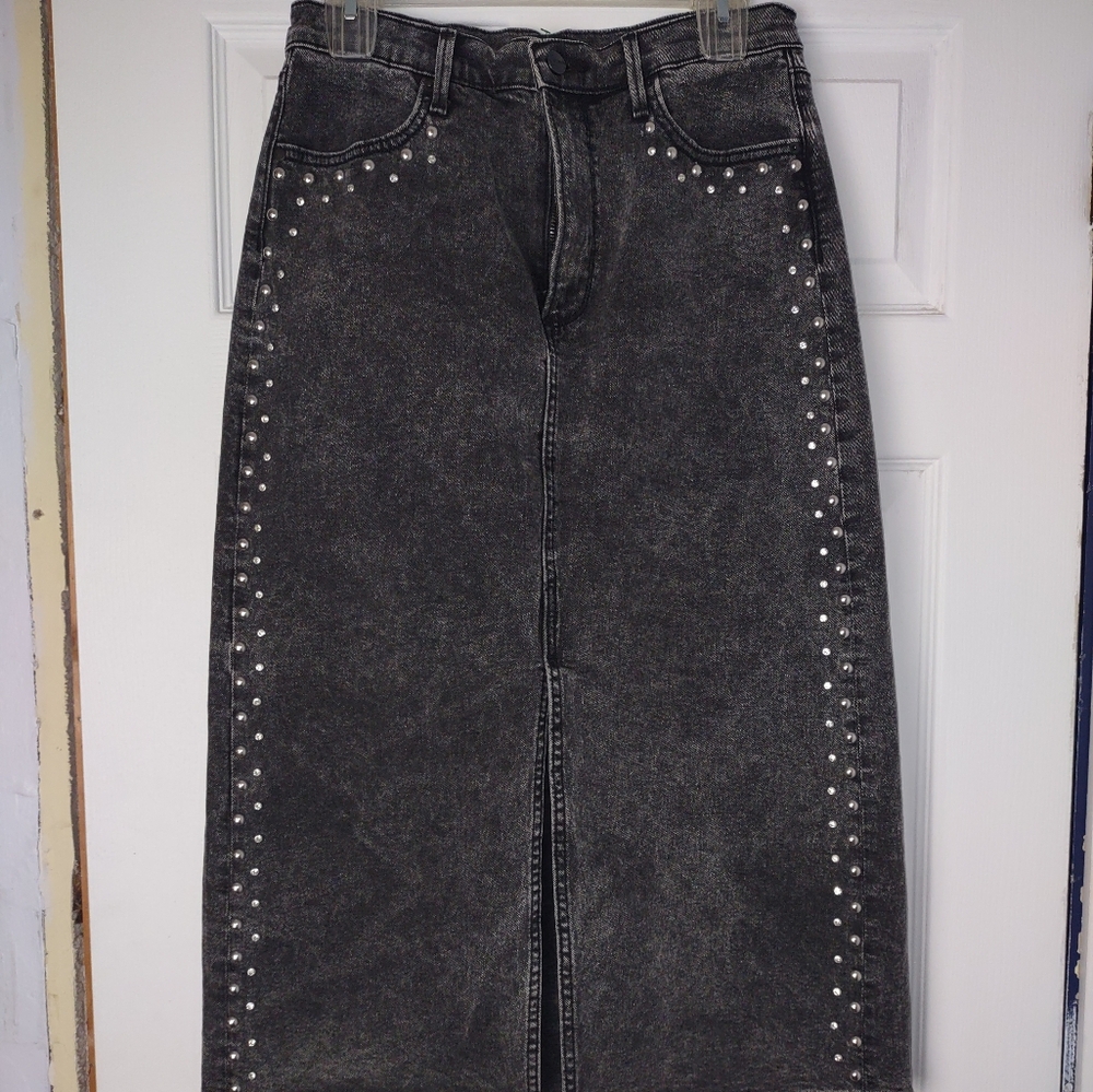 Driftwood Maxi Denim Skirt Black studded Rhinestone Front Slit PIPER Skirt Large